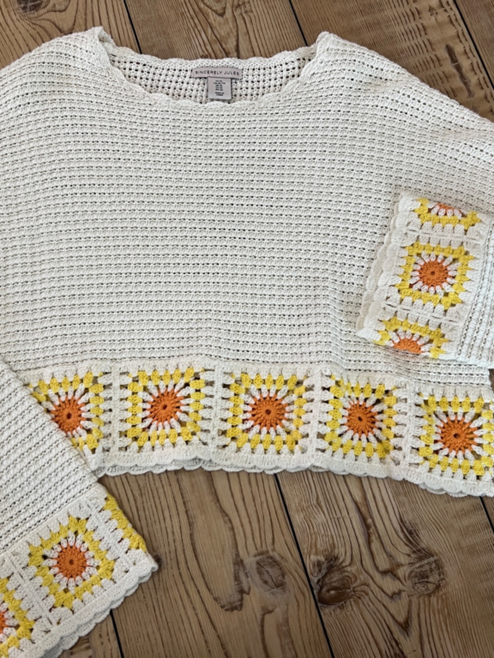 Cream Crochet Top with Yellow & Orange Granny-Square Trim
